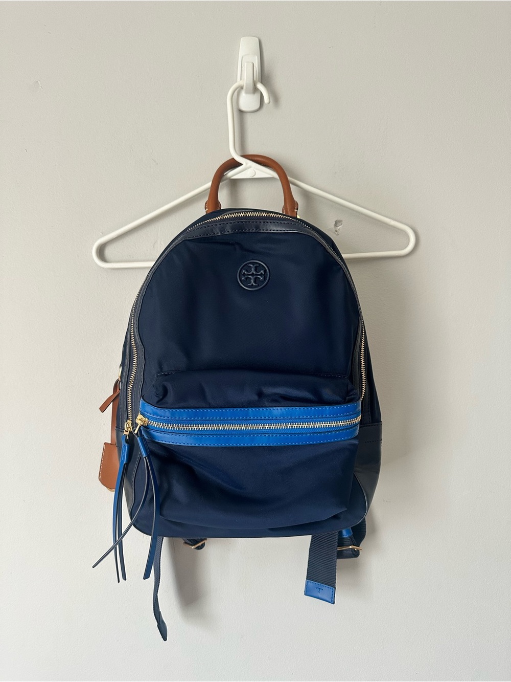 Tory Burch Navy Backpack with Bright Blue Trim and Tan Leather Handle - Picture 3 of 14